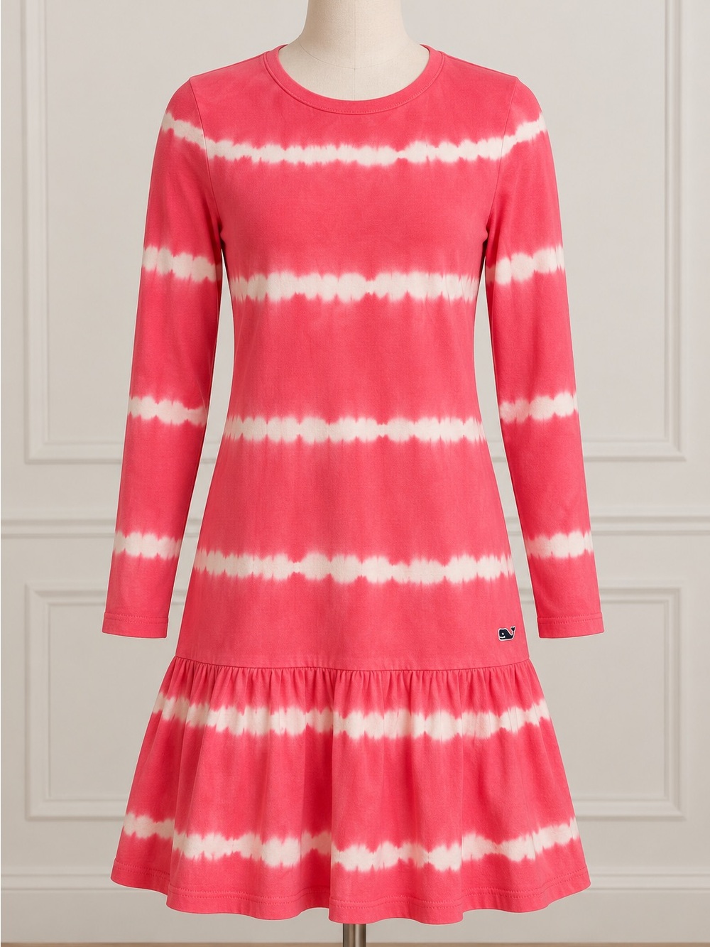 Vineyard Vines Coral Pink and White Tie-Dye Ruffle-Hem Dress
